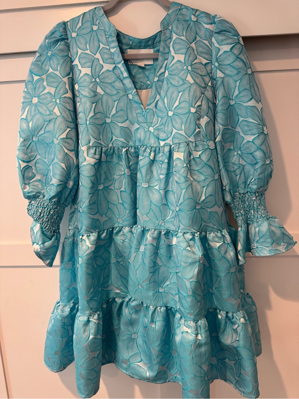 Pomander Place Aqua Floral Tiered Mini Dress